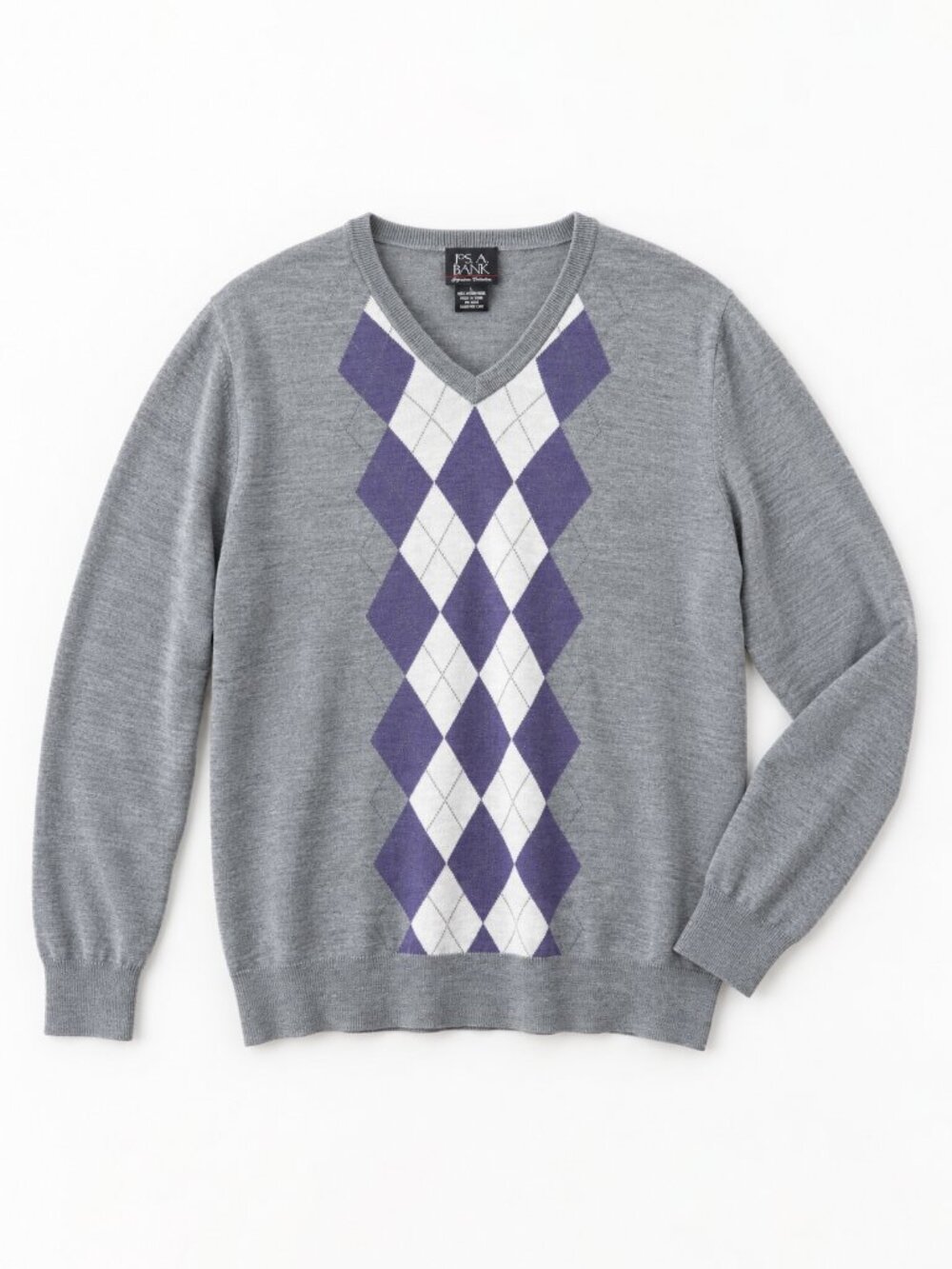 Jos A Bank Sweater Mens L Gray Purple Argyle 100% Merino Wool V Neck Preppy